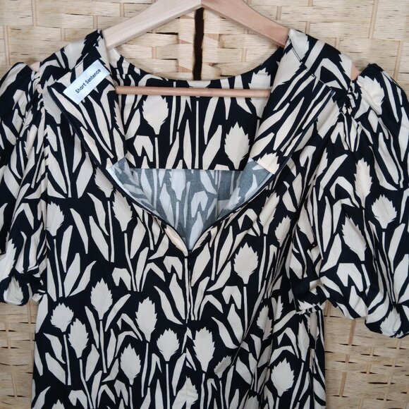 Short Sentence Puffy Sleeve Cutout Relaxed Fit Cotton Mini Dress Pockets Floral - Picture 8 of 11